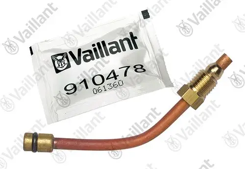 Vaillant Steuerleitung aus Kupfer mit zwei Anschlüssen und O-Ring. Verpackt in einem transparenten Beutel mit der Artikelnummer 910478.